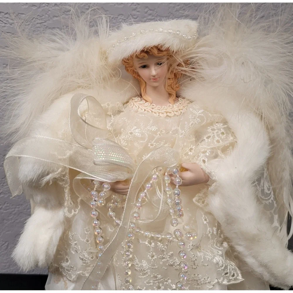 Angel Christmas Tree Topper Cream Glittery Snowflakes 11 inch Tall - Picture 3 of 10